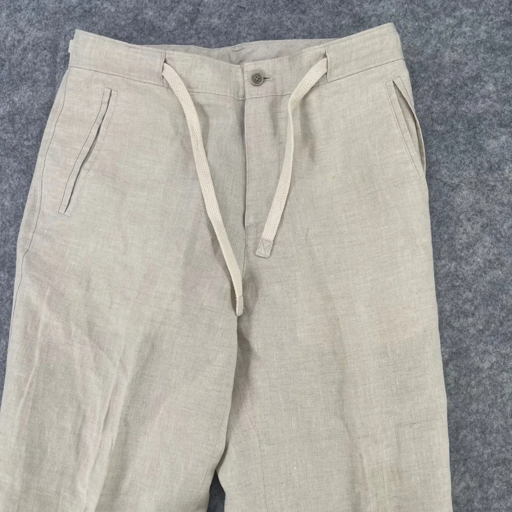 Tasso Elba Pants Men 30x30 Beige 100% Linen Drawstring Straight Leg Trousers